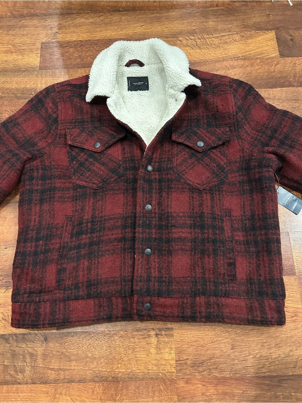 NWT Lucky Brand Wool Plaid Sherpa Lined Jacket Mens XL Snap Closure Red Black